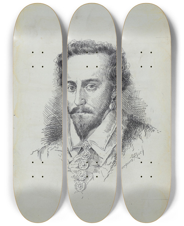 Triptych art skateboard deck of Jacques Reich Walter Sir Raleigh by Jacques Reich (1852-1923)