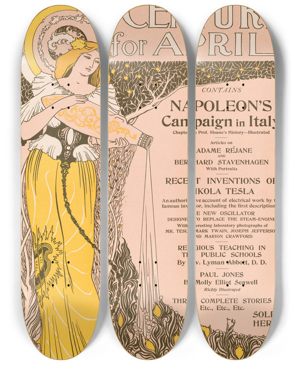 Triptych art skateboard deck of George Wharton Edwards The Century For April by George Wharton Edwards (1859-1950)