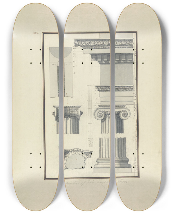 Triptych art skateboard deck of Giovanni Battista Borra Members Of An Ionic Temple At Teos by Giovanni Battista Borra (1713-1770)