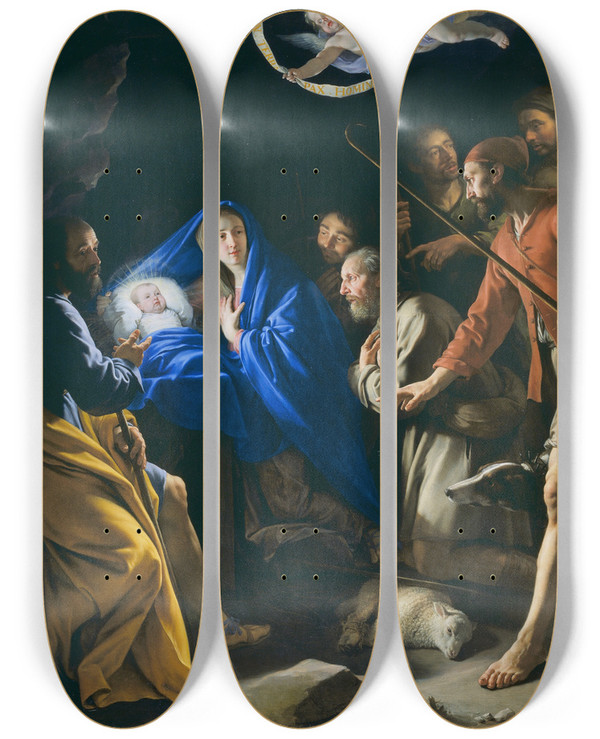 Triptych art skateboard deck of Philippe De Champaigne The Adoration Of The Shepherds by Philippe De Champaigne (1602-1674)