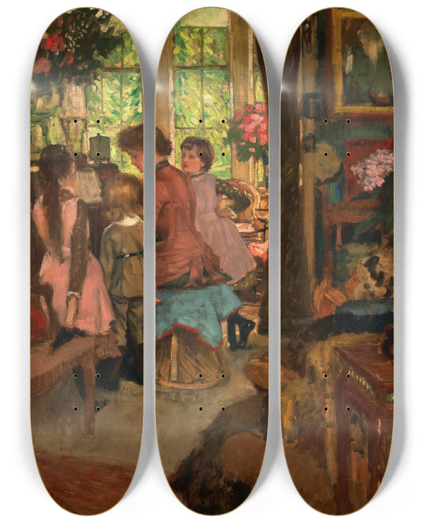 Triptych art skateboard deck of James Tissot Kathleen Newton At The Piano by James Tissot (1836-1902)