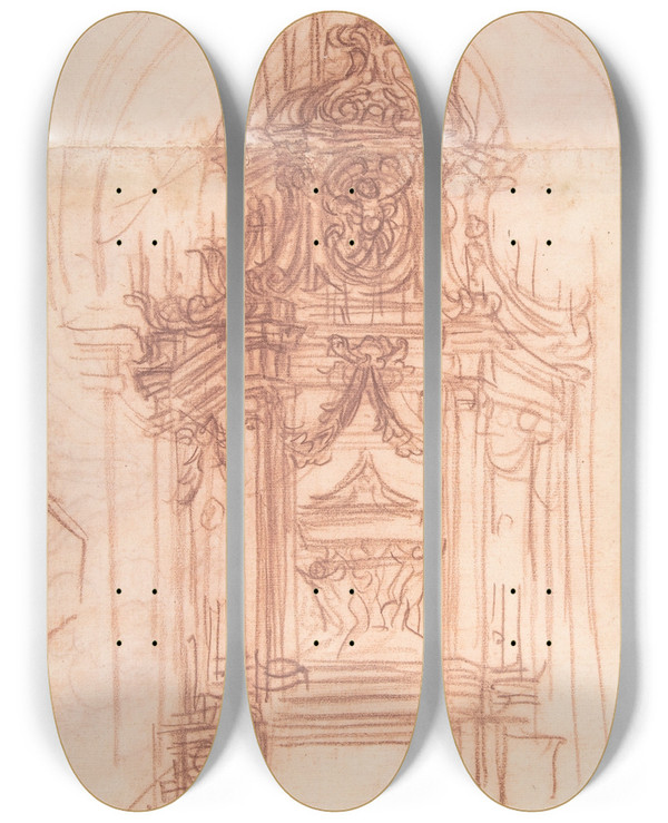 Triptych art skateboard deck of Baldassarre Franceschini Design For A Catafalque by Baldassarre Franceschini (1611-1689)