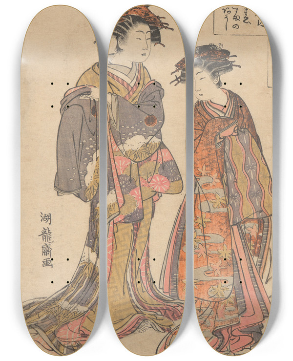 Triptych art skateboard deck of Korysai Isoda Courtesans Of Iedaya by Isoda Koryusai (1735-1790)