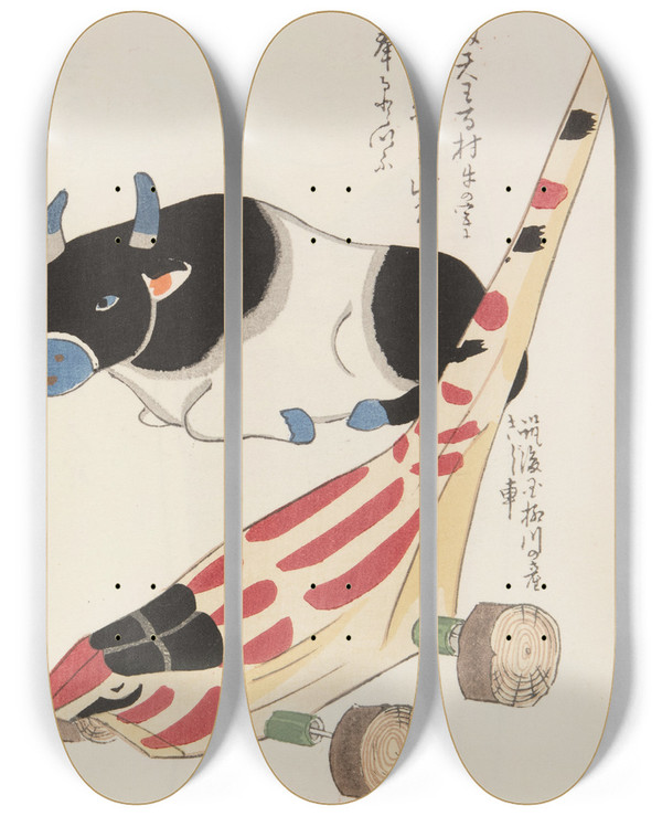 Triptych art skateboard deck of Shimizu Seif Unai No Tomo Pl 150 by Shimizu Seifu (1851-1913)