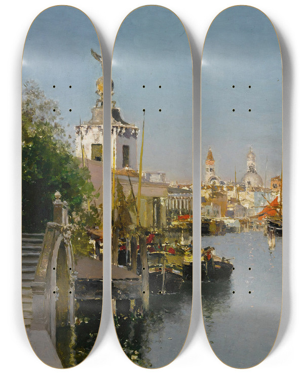 Triptych art skateboard deck of Martin Rico Y Ortega Canal Venice by Martin Rico Y Ortega (1833-1908)