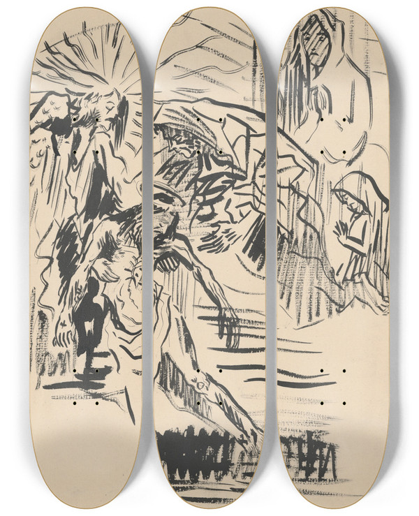 Triptych art skateboard deck of Arnold Peter Weiszkubnan Lamentation Of Christ by Arnold Peter Weisz-Kubnan (1898-1944)