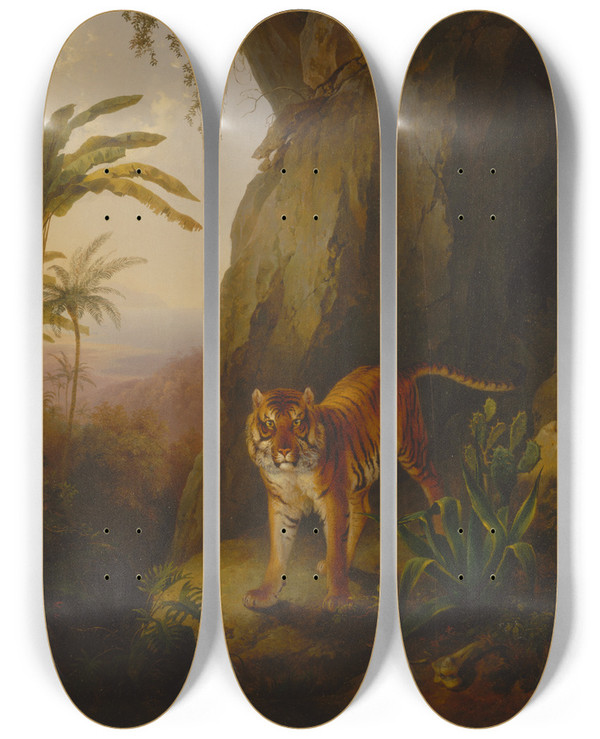 Triptych art skateboard deck of Jacqueslaurent Agasse Tiger In A Cave by Jacques Laurent Agasse (1767-1849)