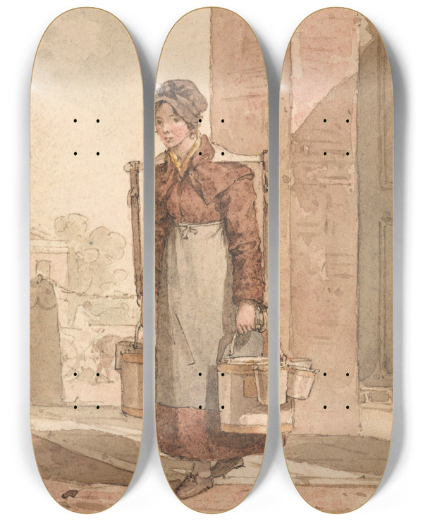 Triptych art skateboard deck of John Augustus Atkinson A Milkmaid by John Augustus Atkinson (1775-1830)