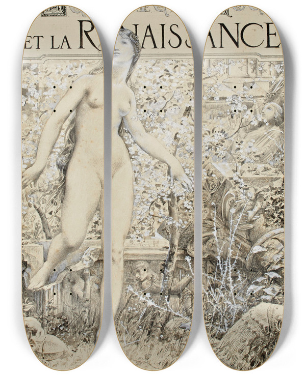 Triptych art skateboard deck of Lucolivier Merson La Renaissance by Luc-Olivier Merson (1846-1920)