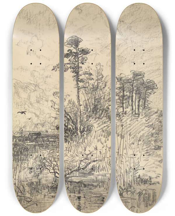 Triptych art skateboard deck of Josef Wenglein River Landscape by Josef Wenglein (1845-1919)