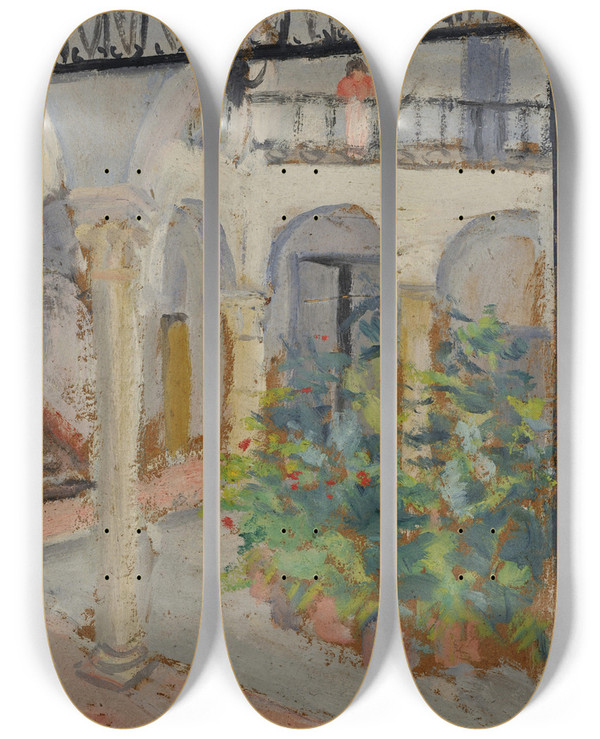 Triptych art skateboard deck of Ernst Schiess Arcaded Courtyard In A Spanish House by Ernst Schiess (1872-1919)