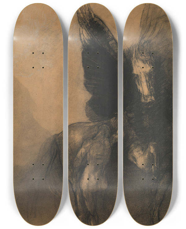 Triptych art skateboard deck of Odilon Redon Pegasus And Bellerophon by Odilon Redon (1840-1916)