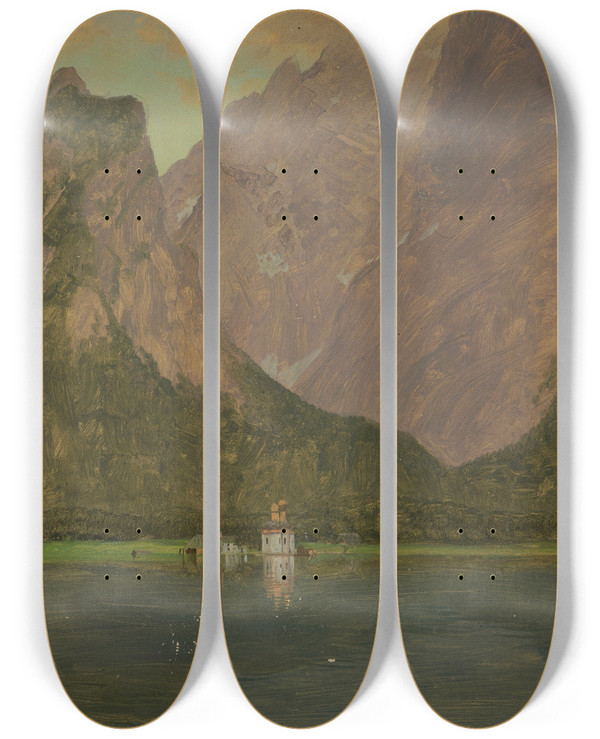 Triptych art skateboard deck of Frederic Edwin Church Koenigsee Near Berchtesgaden Bavaria by Frederic Edwin Church (1826-1900)