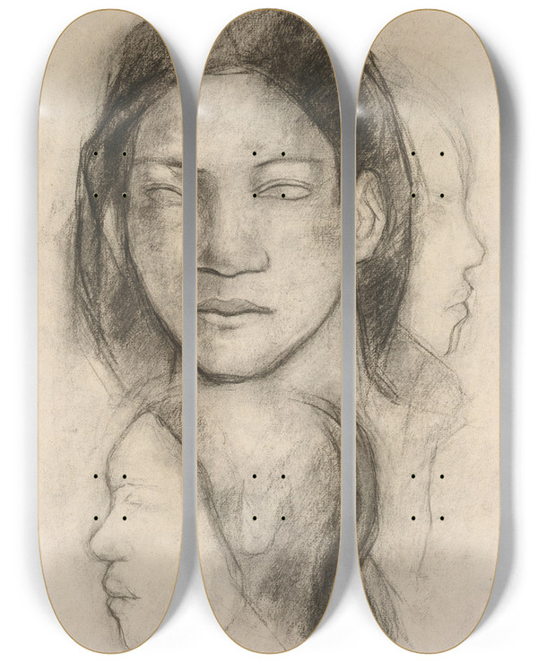 Triptych art skateboard deck of Paul Gauguin Tahitian Faces Frontal View And Profiles by Paul Gauguin (1848-1903)