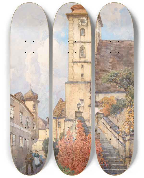Triptych art skateboard deck of Fritz Lach The Parish Church In Grein by Fritz Lach (1868-1933)