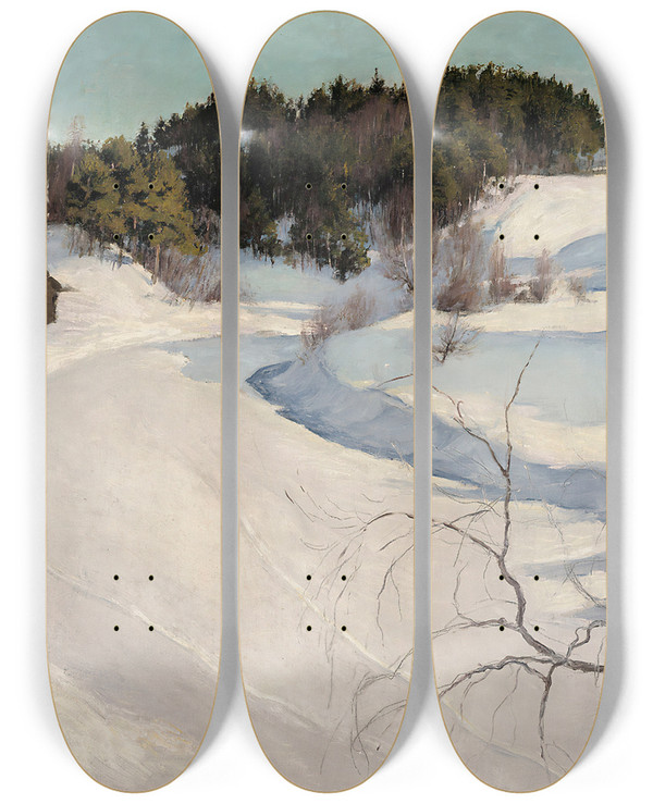 Triptych art skateboard deck of Pekka Halonen Winter Landscape Myllykyl by Pekka Halonen (1865-1933)
