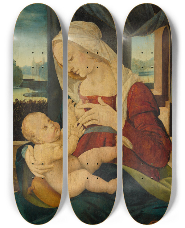 Triptych art skateboard deck of Lorenzo Di Credi Virgin And Child by Lorenzo di Credi (1459-1537)