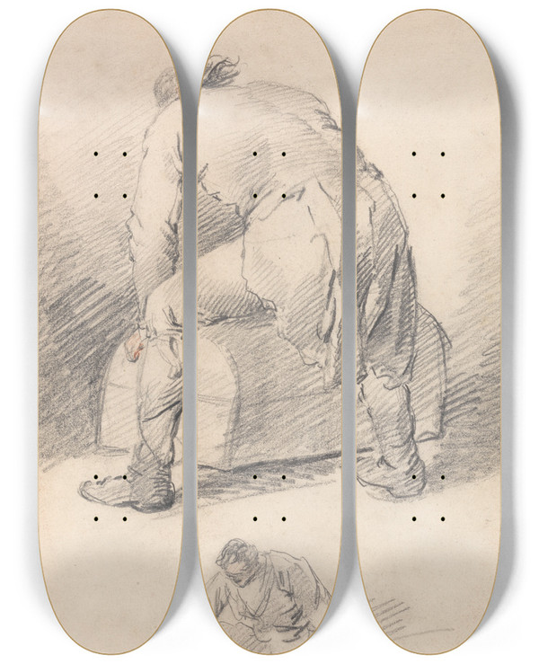 Triptych art skateboard deck of George Morland A Man Lifting A Trunk Two Studies On One Sheet by George Morland (1763-1804)
