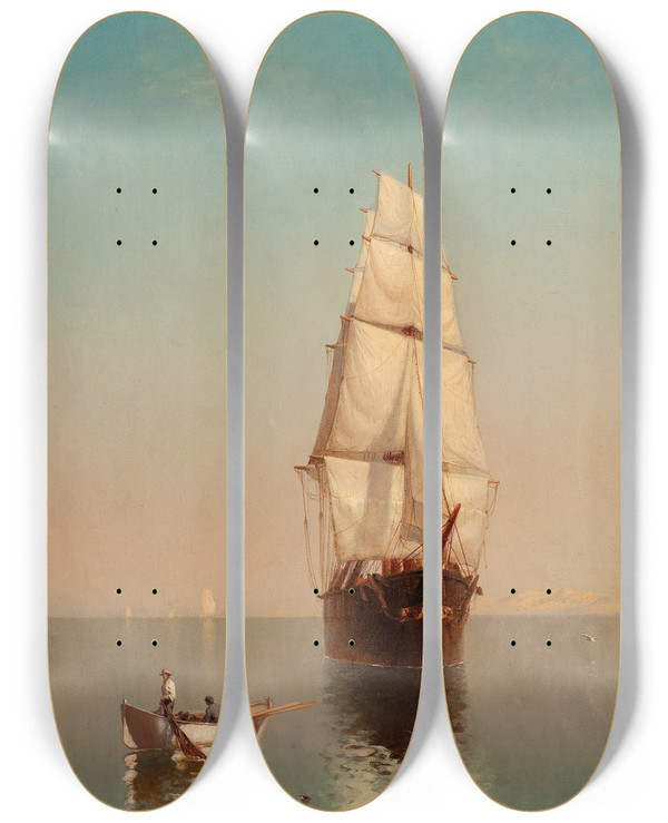 Triptych art skateboard deck of Warren Sheppard Waiting For A Breeze by Warren Sheppard (1858-1937)