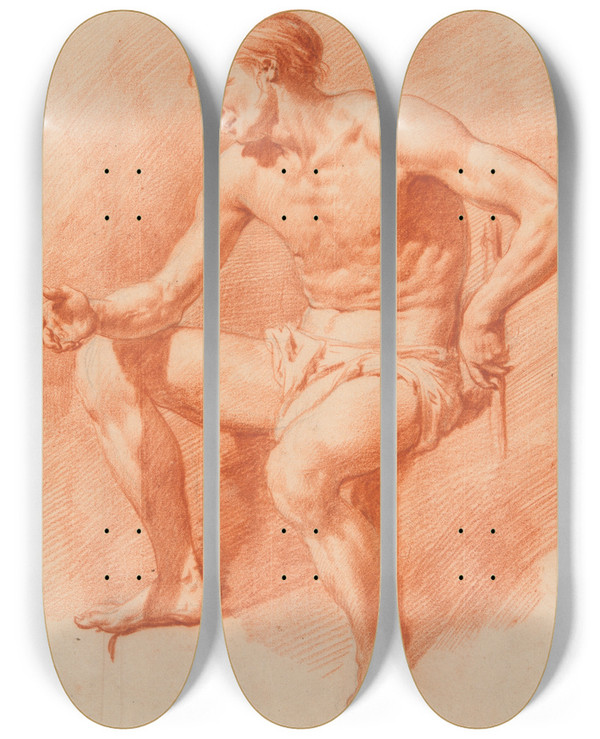 Triptych art skateboard deck of Adriaen Van De Velde Study Of A Male Nude by Adriaen van de Velde (1636-1672)