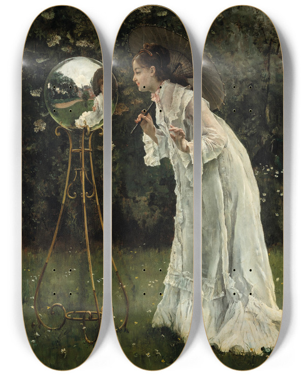 Triptych art skateboard deck of Alfred Stevens La Boule Argente by Alfred Stevens (1817-1875)