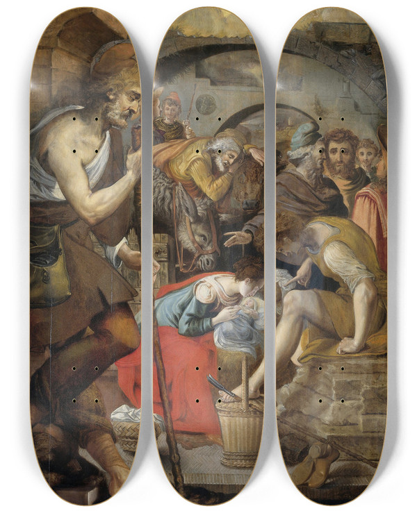 Triptych art skateboard deck of Anthonie Van Blocklandt The Adoration Of The Shepherds by Anthonie Van Blocklandt (1533-1583)