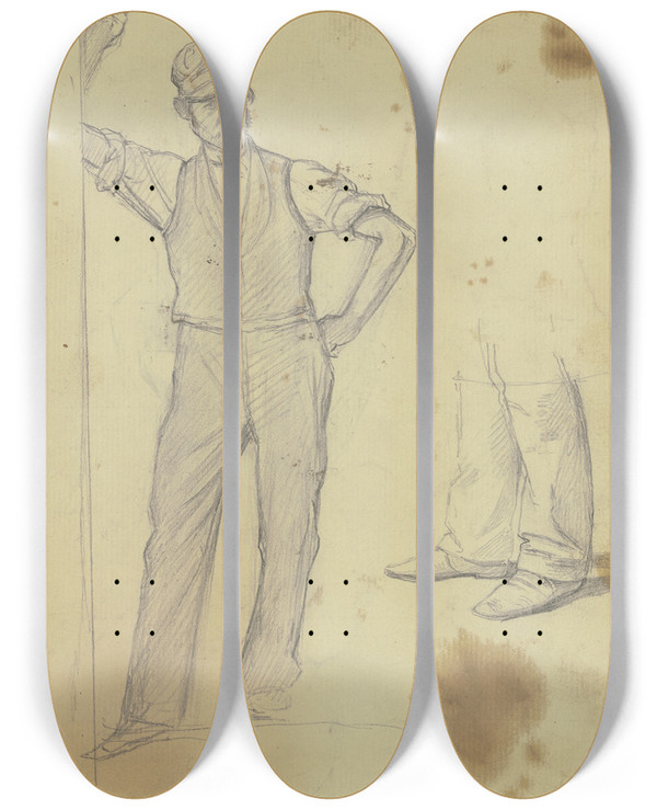 Triptych art skateboard deck of Jakob Becker Studienblatt Stehender Grtner by Jakob Becker (1810-1872)