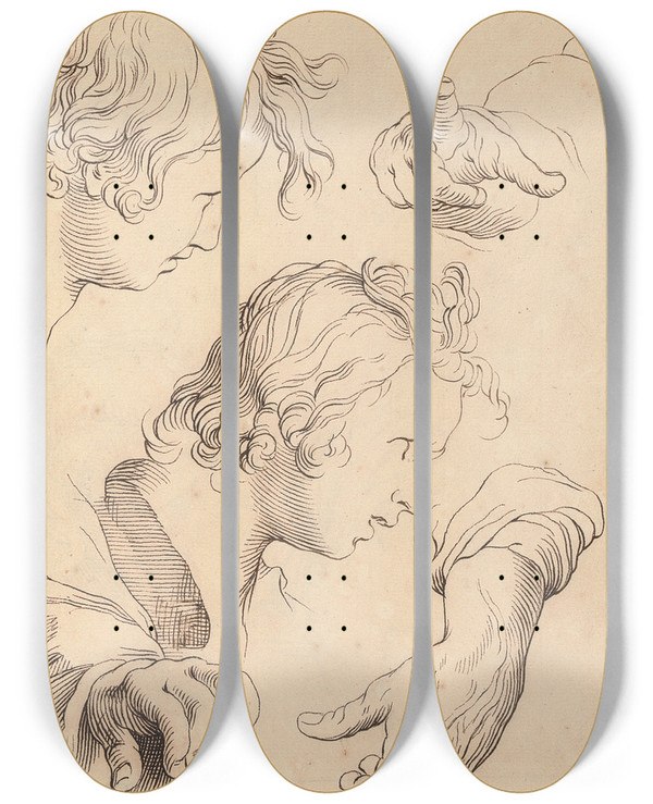 Triptych art skateboard deck of Hamlet Winstanley Sketches Of Various Hands And Heads by Hamlet Winstanley (1698-1756)