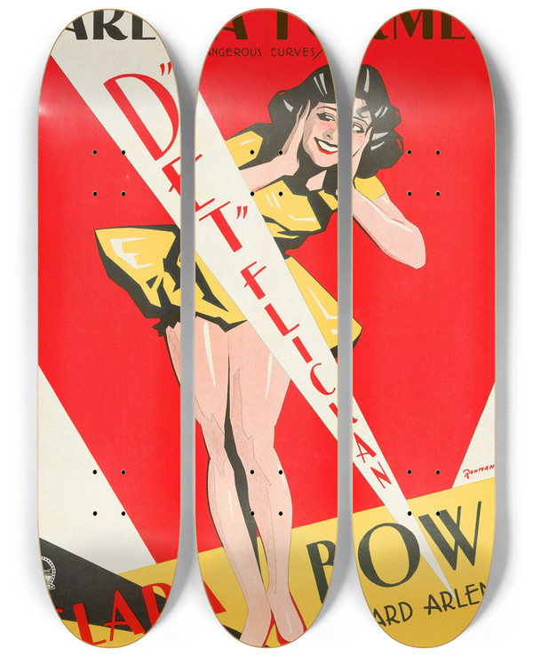 Triptych art skateboard deck of Eric Rohman Dangerous Curves by Eric Rohman (1891-1949)