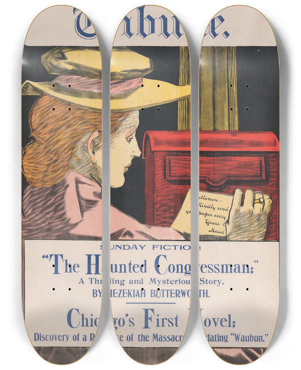Triptych art skateboard deck of George Reiter Brill Sunday Fiction by George Reiter Brill (1867-1918)