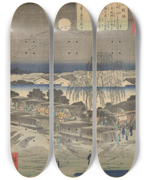 Triptych art skateboard deck of And Hiroshige Emonzaka by Ando Hiroshige (1797-1858)