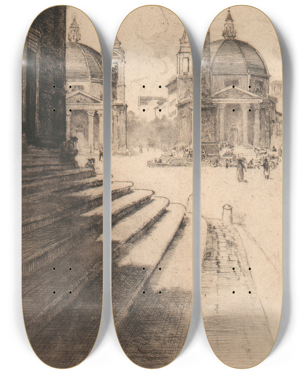 Triptych art skateboard deck of Edward Millington Synge Piazza Del Popolo Rome by Edward Millington Synge