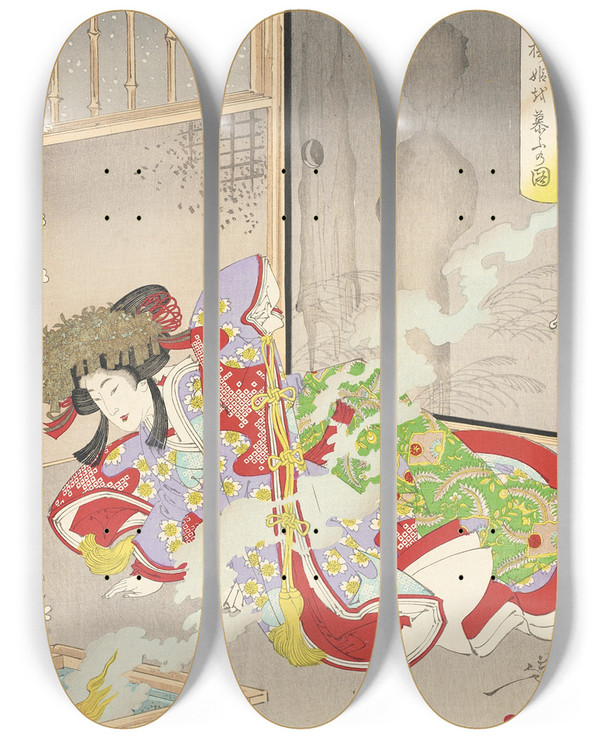 Triptych art skateboard deck of Tsukioka Yoshitoshi The Ghost Of Seigen Haunting Sakurahime by Tsukioka Yoshitoshi (1839-1892)