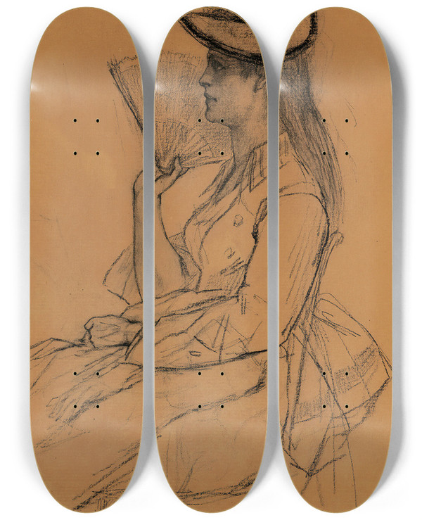Triptych art skateboard deck of Flicien Rops Femme Assise De Profil Lventail by Felicien Rops (1833-1898)