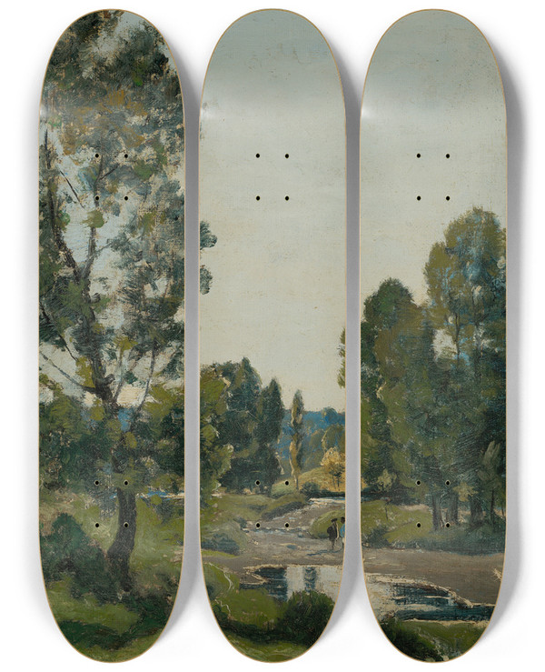 Triptych art skateboard deck of Henrijoseph Harpignies La Flaque Au Bois by Henri Joseph Harpignies (1819-1916)