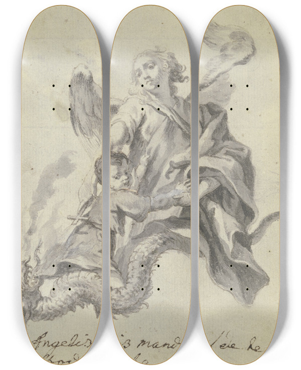 Triptych art skateboard deck of Gottfried Bernhard Gz Kind Mit Schutzengel Und Drachen by Gottfried Bernhard Goz