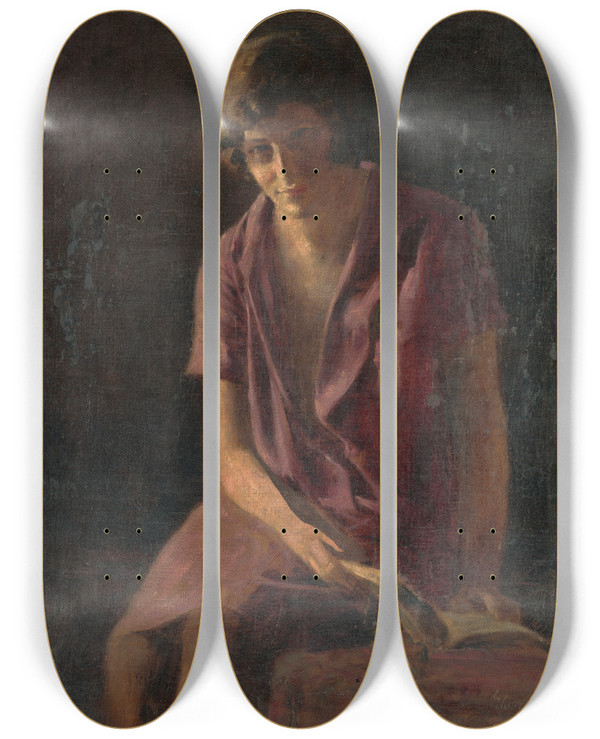 Triptych art skateboard deck of Armin Glatter Girl With A Book by Armin Glatter (1861-1931)
