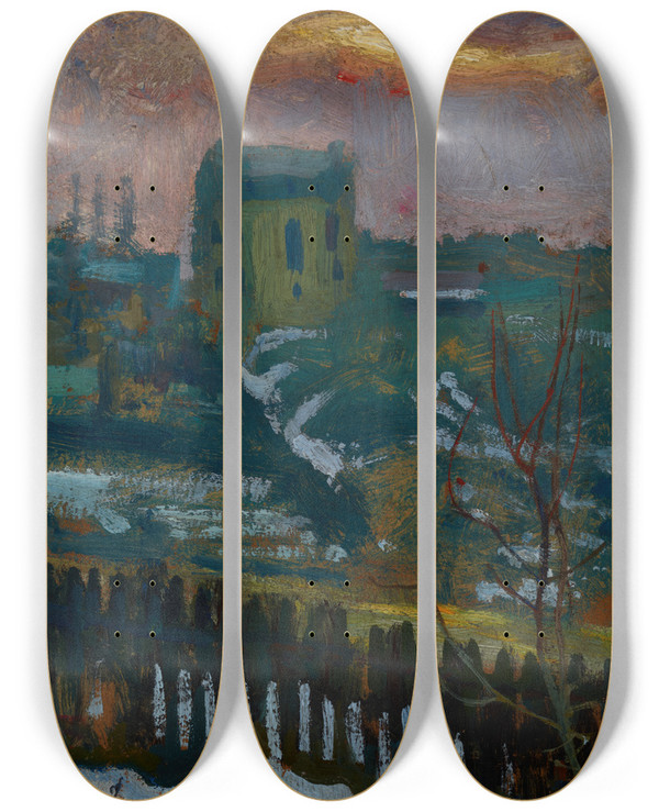 Triptych art skateboard deck of Jan Stanislawski House In Winter by Jan Stanislawski (1860-1907)