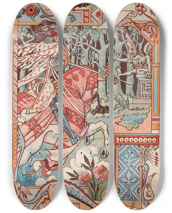 Triptych art skateboard deck of Eugne Grasset Chevalier Sur Son Cheval Pointant Sa Lance Contre Un Diablotin by Eugene Grasset (1841-1917)