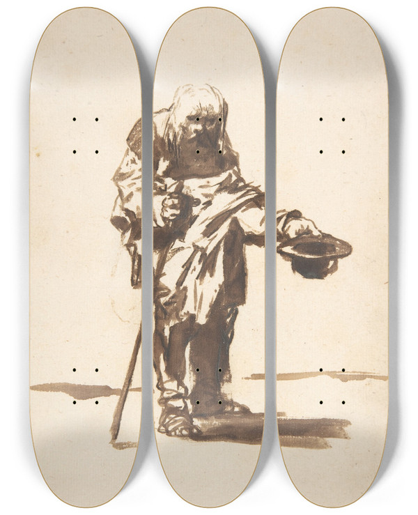 Triptych art skateboard deck of Francisco De Goya Beggar With A Staff In His Right Hand by Francisco de Goya (1746-1828)