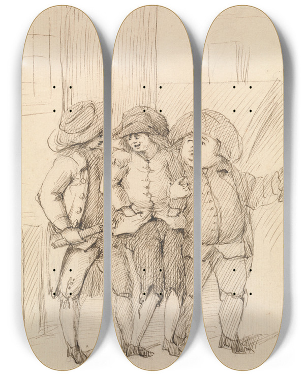 Triptych art skateboard deck of John Dunthorne A Poacher In Custody by John Dunthorne (1798-1832)