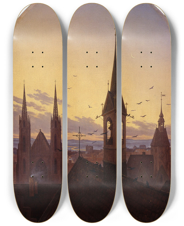 Triptych art skateboard deck of Carl Gustav Carus Morning Peal Old German City In The Morning Light by Carl Gustav Carus (1789-1869)
