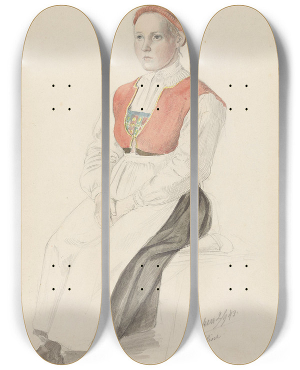 Triptych art skateboard deck of Adolph Tidemand Jente I Bunad Oline Bukken by Adolph Tidemand (1814-1876)