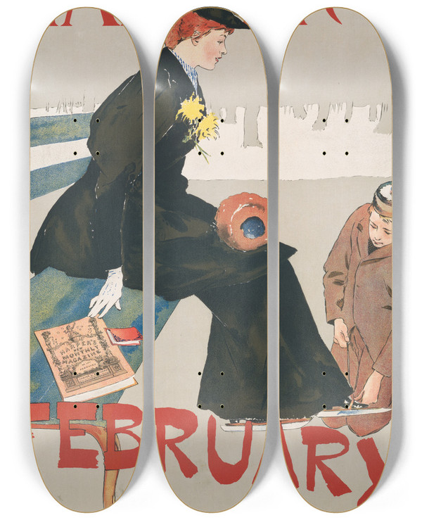 Triptych art skateboard deck of Edward Penfield Harpers February_2 by Edward Penfield (1866-1925)