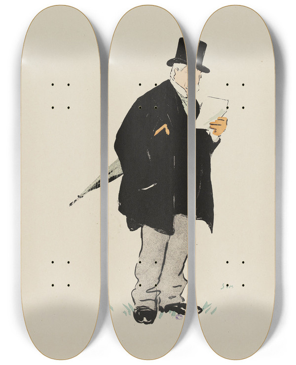 Triptych art skateboard deck of Georges Goursat Sem Le Baron Finot by Georges Goursat (Sem) (1863-1934)