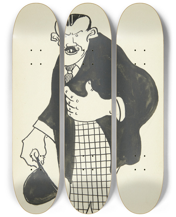 Triptych art skateboard deck of Robert Storm Petersen Advokat by Robert Storm Petersen (1882-1949)