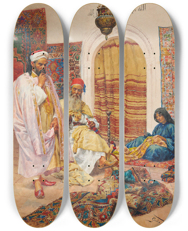 Triptych art skateboard deck of Giulio Rosati The Carpet Seller_1 by Giulio Rosati (1858-1917)