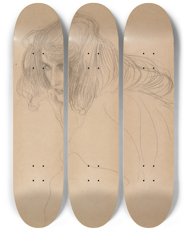 Triptych art skateboard deck of Gustav Klimt Head Of A Woman In Threequarter Profile Study For The Beethoven Frieze by Gustav Klimt (1862-1918)