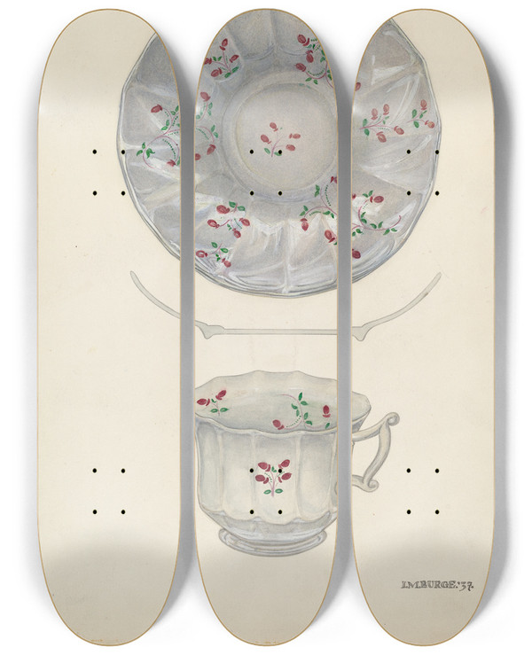 Triptych art skateboard deck of Irene M Burge Cup And Saucer by Irene M Burge