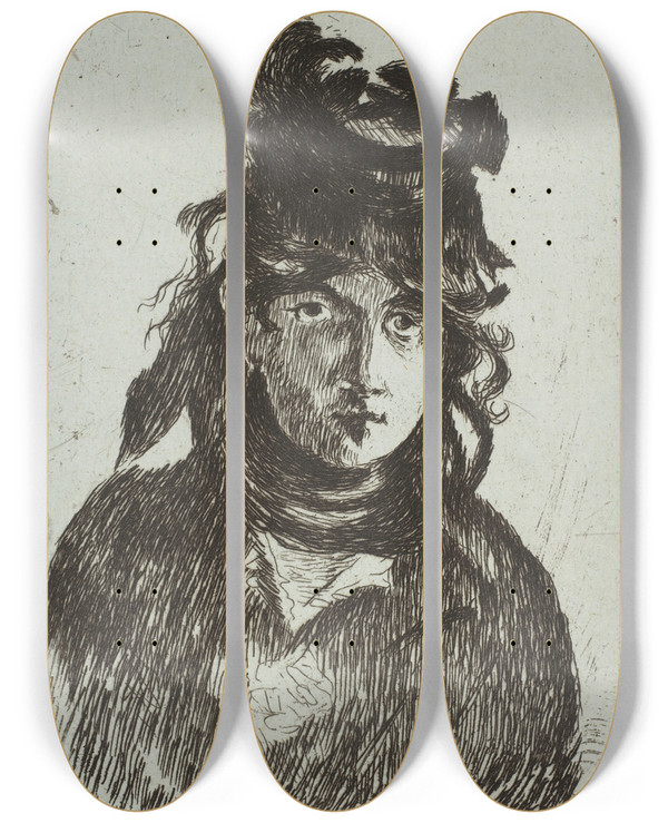 Triptych art skateboard deck of Douard Manet Portrait Of Berthe Morisot by douard Manet (1832-1883)